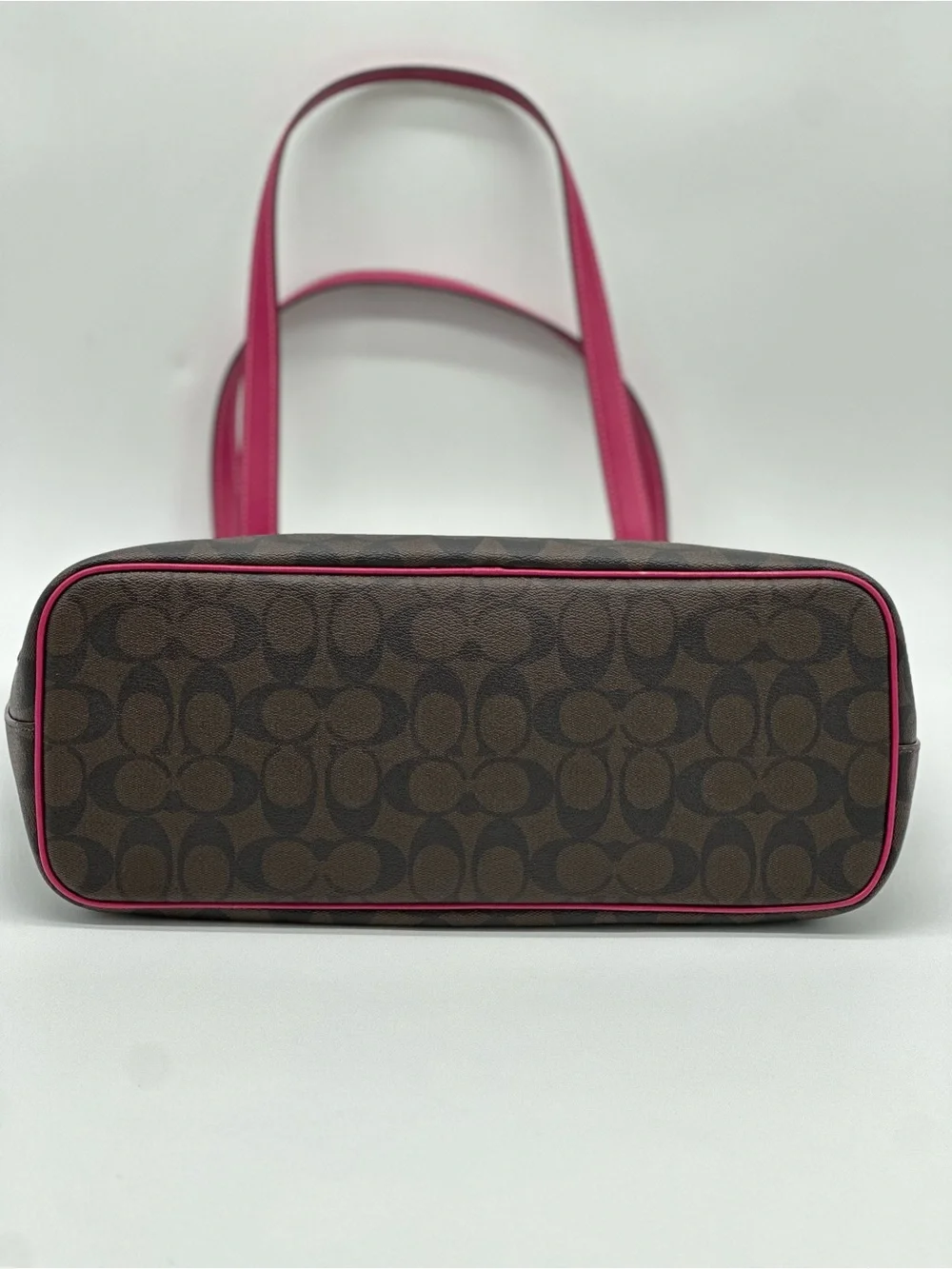 Coach Brown Signature Tote with Pink Handles
